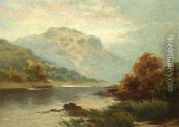 River And Mountain Landscape Oil Painting - R. Ellis Wilkinson