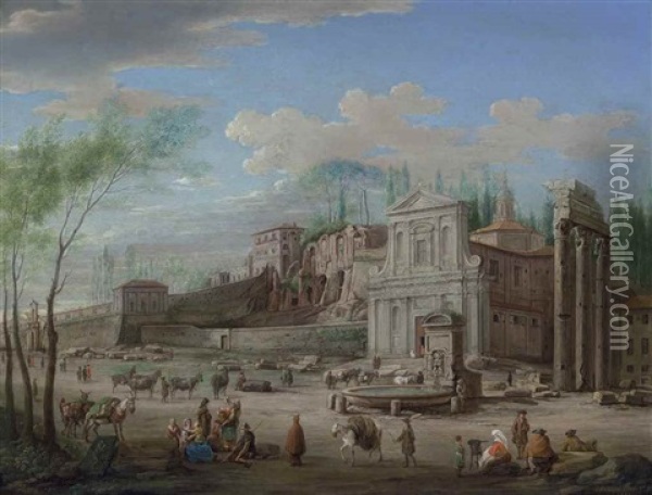 The Forum Romanum With The Church Of Santa Maria Liberatrice, The Columns Of The Temple Of Castor And Pollux, And Figures With Horses And Cattle Oil Painting - Hendrick Frans van Lint