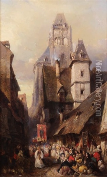 Procession A Rouen Oil Painting - Louis-Gabriel-Eugene Isabey