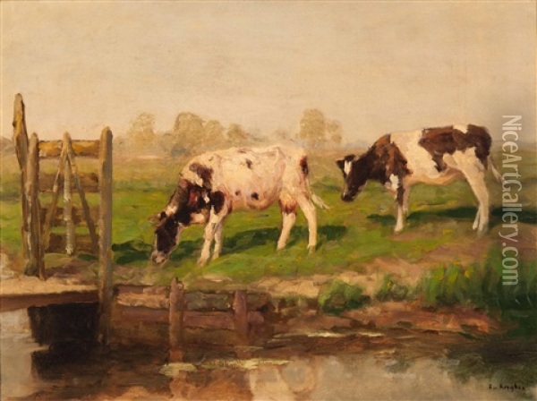 Two Cows By The Edge Of A Ditch Oil Painting - Fedor Van Kregten