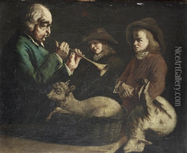 A Man Playing The Shawm Before Two Shepherd Boys, With A Lamb On His Lap Oil Painting - Jean-Jacques De Boissieu