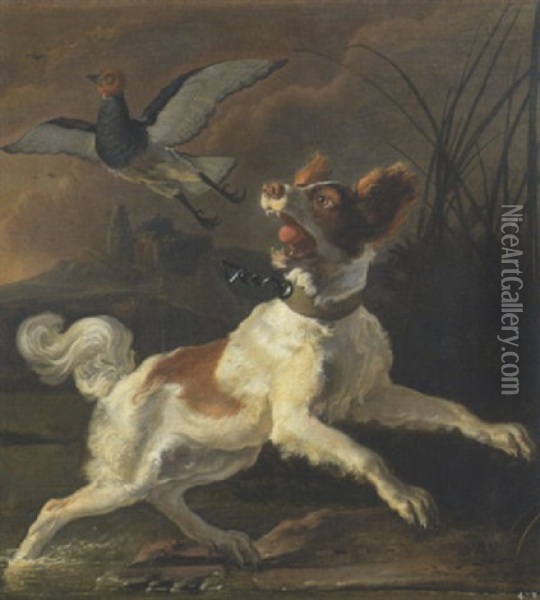 Jagdhund Mit Aufgestobertem Vogel Im Schilf Oil Painting - Abraham Danielsz Hondius