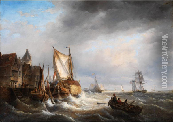 Hafeneinfahrt Bei Sturmischer See Oil Painting - Charles Henri Leickert