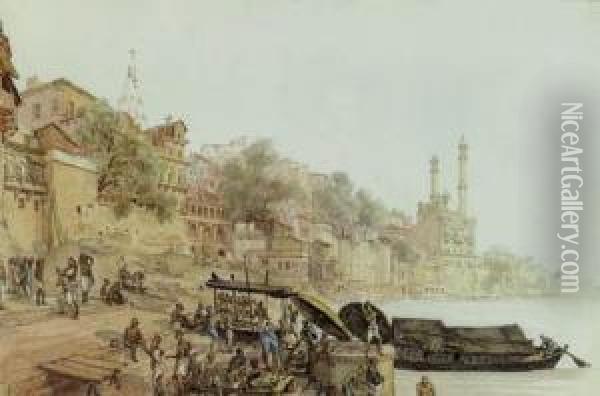 View Of The Ugneswur Ghat, Benares Oil Painting - James Prinsep