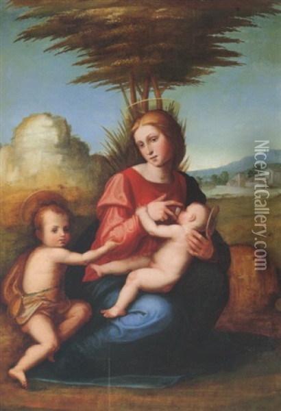 The Madonna And Child With The Infant Saint John The Baptist In A Landscape Oil Painting - Paolo Paolino