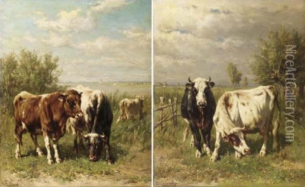 Cows In A Sunlit Riverlandscape; Cows In A Meadow Oil Painting - Johannes-Hubertus-Leonardus de Haas