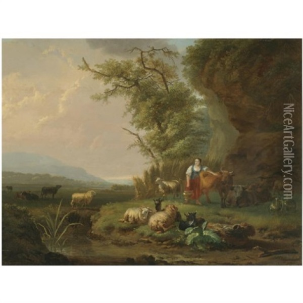 A Landscape At Sunset With A Milkmaid And Her Herd In The Foreground (collab. W/ Jan-hendrick Van Den Bosch) Oil Painting - Balthasar Paul Ommeganck