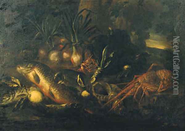 Fish, a seashell, a crayfish, a lobster and onions on a rocky bank Oil Painting - Felice Boselli