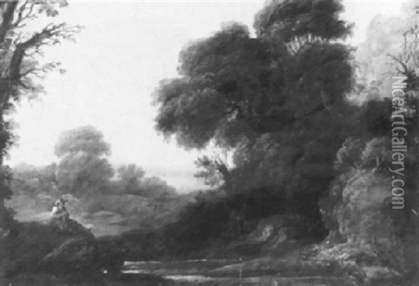 A Wooded River Landscape With A Shepherd On A Bank Oil Painting - James Barret