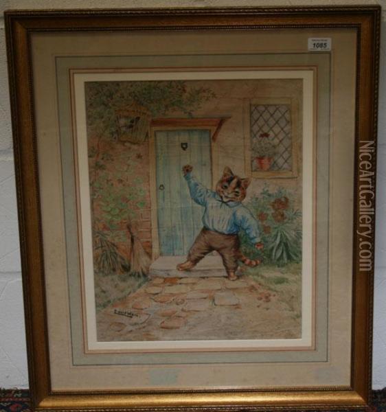 Waving Cat Beside A Cottage Door Oil Painting - Louis William Wain