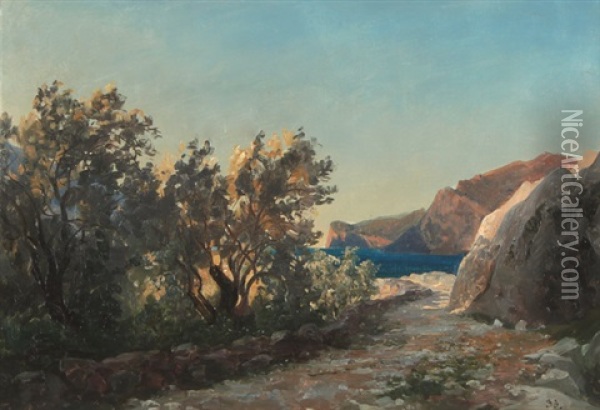 Baumbestandener Weg, Im Hintergrund Die Bucht Von Neapel Oil Painting - Edmund Kanoldt