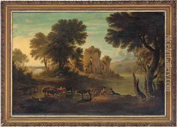 Drovers With Cattle Beside A River Oil Painting - Thomas Hand