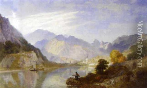 A Pick-nick On The Lago D'orta, With The Town Of Omegna Oil Painting - James Baker Pyne