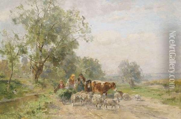 Bauernfamilie Mit Ihrer Herde Oil Painting - Karl Adam Heinisch