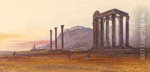 The Temple of Olympian Zeus, with the Acropolis in the distance, Athens, Greece Oil Painting - Edward Lear