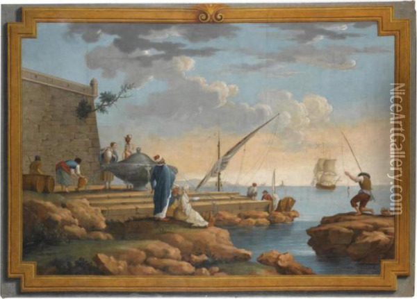 A Harbour Scene With Oriental Figures Near A Well In A Trompl'oeil Frame Oil Painting - Claude-joseph Vernet