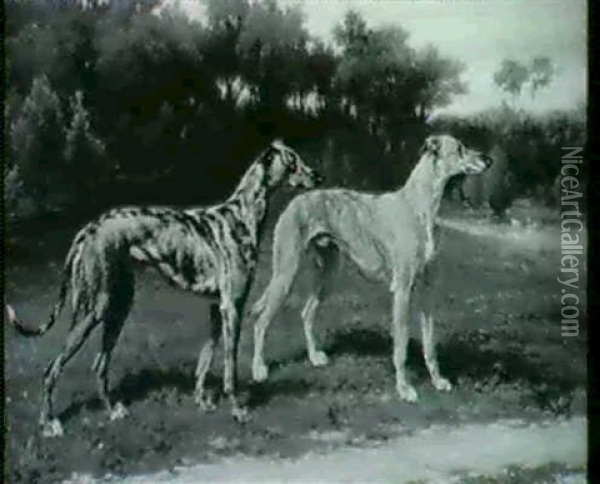 Two Greyhounds In A Landscape Oil Painting - George Augustus Holmes