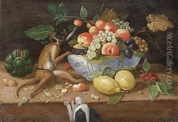 A Monkey Picking Fruit From A Wan-li Kraak Bowl Filled With Grapes, Peaches, Apricots, Two Lemons, A Melon And Nuts On A Table Top With A Dog Looking Up From Below Oil Painting - Jan van Kessel the Younger