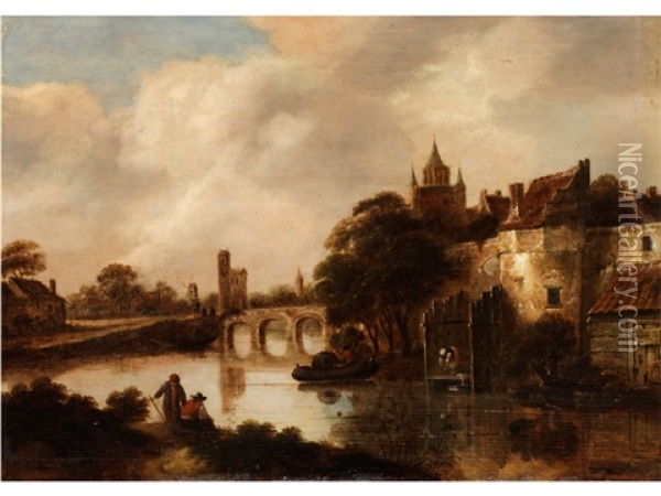 Hollandische Flusslandschaft Mit Befestigter Stadt Am Ufer Oil Painting - Nicolaes Molenaer