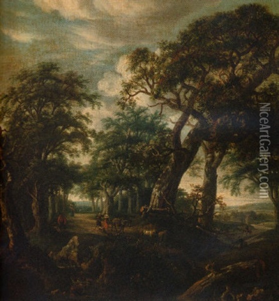 A Wooded Landscape With Drovers, A Donkey And Goats On A Track Oil Painting - Jacob Van Ruisdael