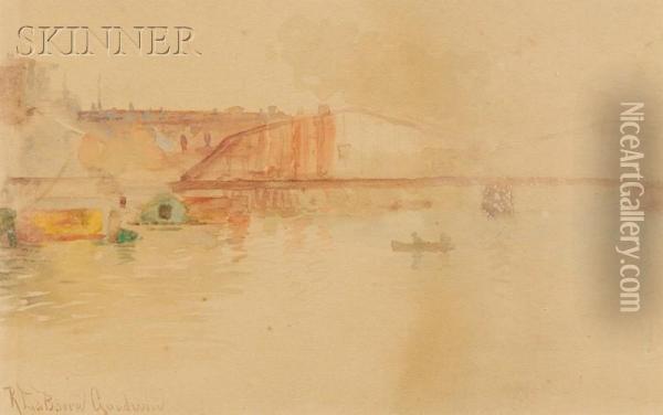 Port View With Railroad Trestle Bridge Oil Painting - Richard Goodwin