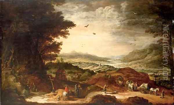Peasants in wagons and pilgrim hermits in an extensive river landscape Oil Painting - Josse de Momper