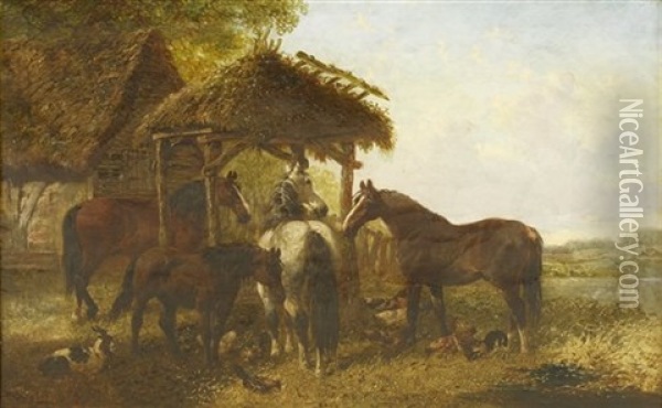 Horses In A Farmyard Oil Painting - John Frederick Herring the Younger