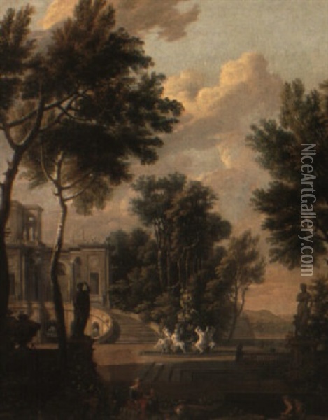 Figures Before A Palace In A Classical Garden Landscape Oil Painting - Isaac de Moucheron