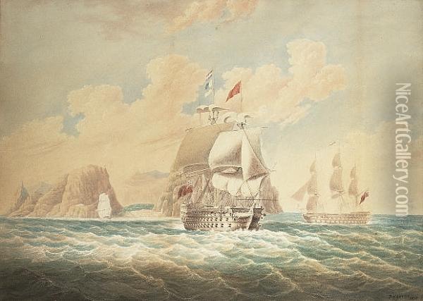 A Royal Navy Three Decker Leaving Jamestown, St Helena Oil Painting - John Harris Nicolas