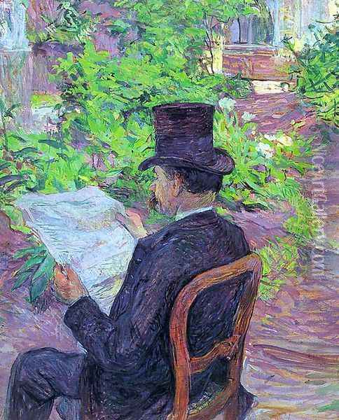 Desire Dihau Reading a Newspaper in the Garden 1890 Oil Painting - Henri De Toulouse-Lautrec