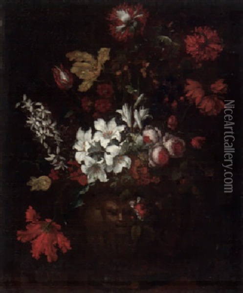 Blumenbouquet Mit Pfingstrosen Und Lilien In Skulptierter Vase Oil Painting - Mario Nuzzi