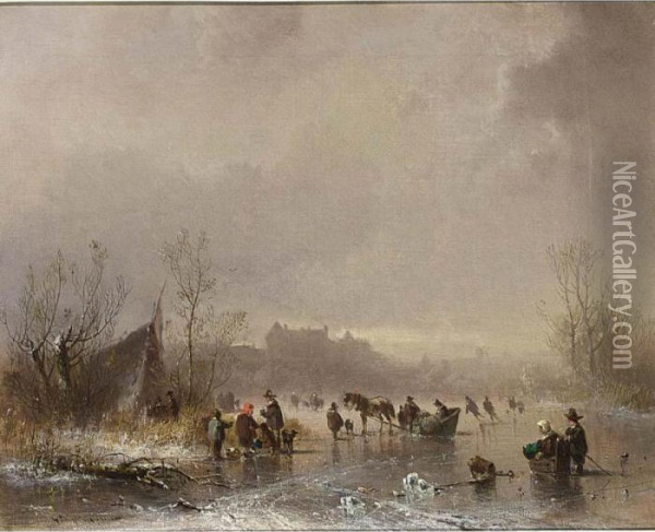 Figures On A Frozen Water Way Oil Painting - Adolf Stademann
