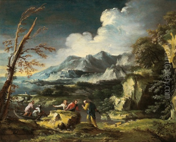 Paesaggio Con San Pietro Che Consegna A Cristo Il Denaro Oil Painting - Marco Ricci