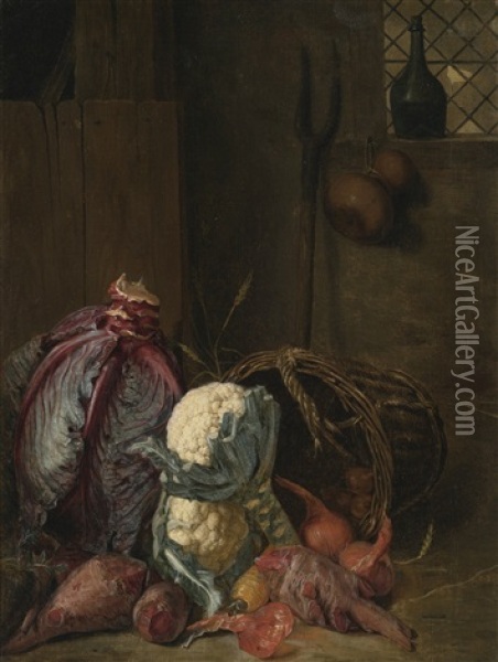 A Vegetable Still Life In An Interior With A Red Cabbage, Together With Cauliflower, Beetroot And Onions In A Wicker Basket Oil Painting - Peter (Petrus) Snyers