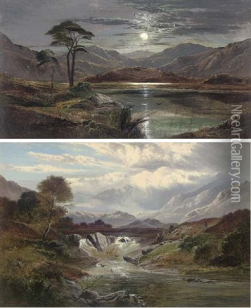 Loch Lubnaig By Moonlight, Perthshire (+ A Showery Day On The Colwyn, North Wales, 1883; Pair) Oil Painting - Charles Leslie