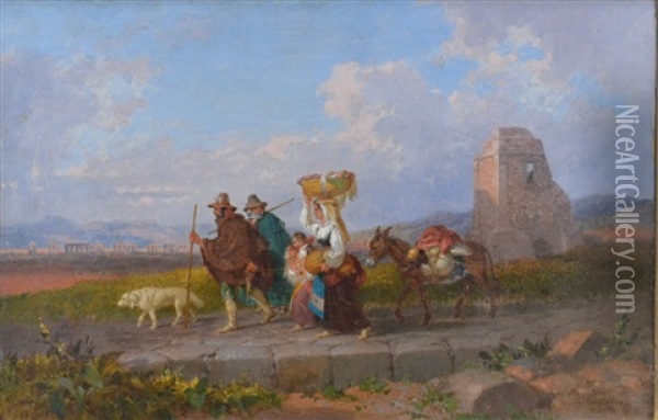 Travellers, Rome 1866 Oil Painting - Penry Williams