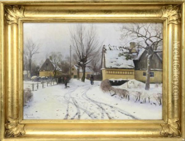 Landsby, Vinter Oil Painting - Peder Mork Monsted