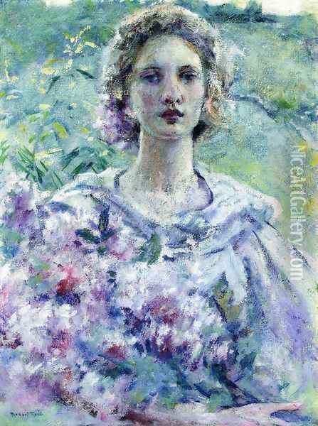 Girl with Flowers Oil Painting - Robert Reid