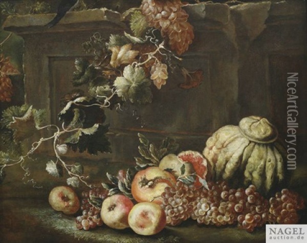 Stilleben Mit Weintrauben, Kurbis, Apfeln Und Granatapfeln An Einem Steinsockel Oil Painting - Abraham Brueghel