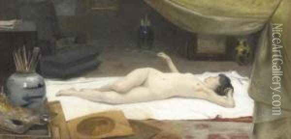 A Reclining Nude In A Studio Oil Painting - Christian Clausen