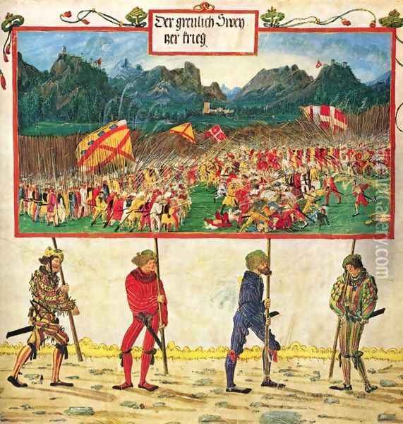 Emperor Maximilian triumph, The Swiss war Oil Painting - Albrecht Altdorfer