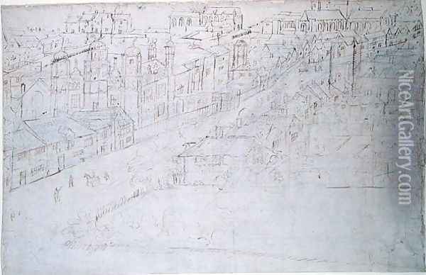 Borough High Street with St. Mary Overy, from The Panorama of London, c.1544 Oil Painting - Anthonis van den Wyngaerde