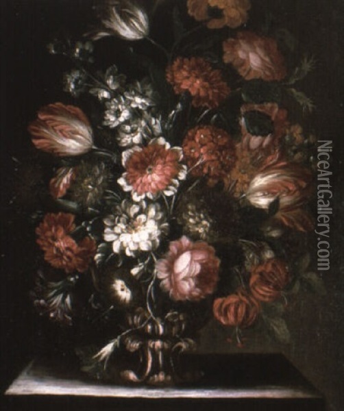 Parrot-tulips, Carnations And Other Flowers In A Sculpted Urn Oil Painting - Giacomo Recco