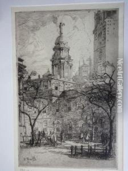 The Court House In City Hall Park Oil Painting - Henry Wilfrid Deville