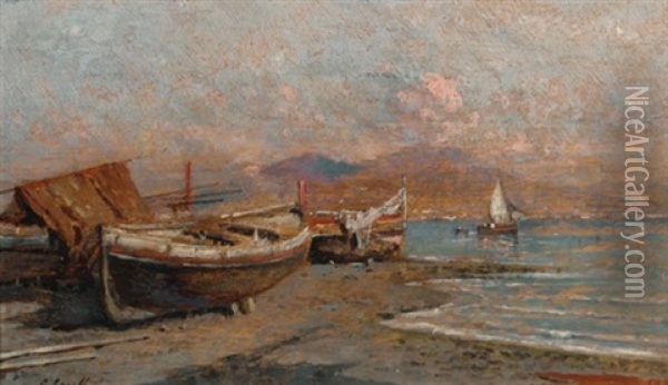 Boats On A Coast (+ Docks Along A Coast; Pair) Oil Painting - Giuseppe Carelli