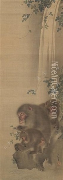 Kakejiku (three Monkeys Seated On A Rock Beneath Akebi (chocolate Vine), The Child Grooming Its Mother's Leg) Oil Painting - Sosen Mori