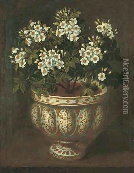 White roses in a lobed-footed copper-lustre maiolica Manises vase on a ledge Oil Painting - Tomas Hiepes