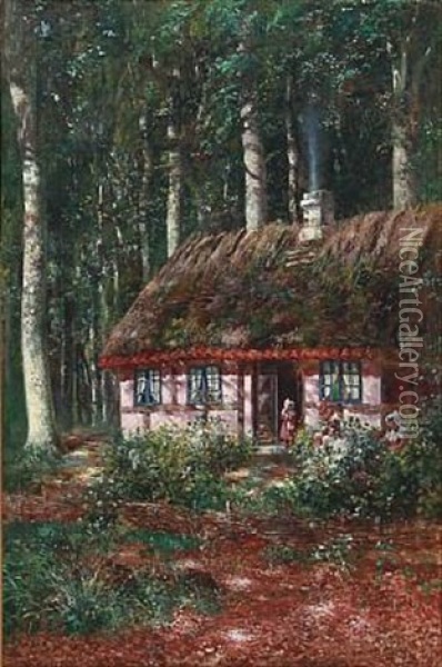 Forest Scene With Two Girls At A Thatched House Oil Painting - Carl Carlsen