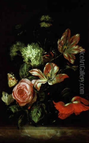 Blumenstraus Von Tulpen, Rosen, Schneeballen Und Pfingstrose Mit Schmetterlingen Oil Painting - Willem Van Aelst