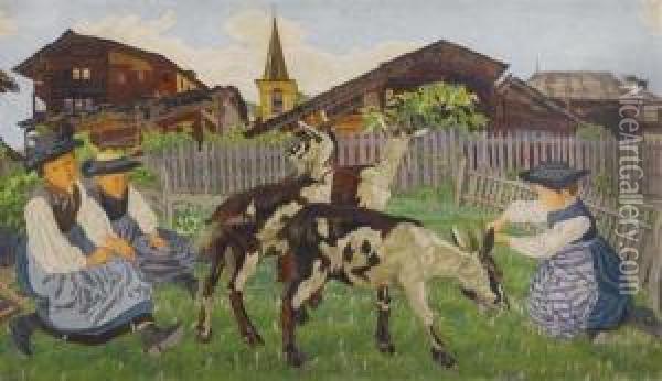 Ziegen Vor Bauernhausern. 1911. Oil Painting - Raphy Dalleves